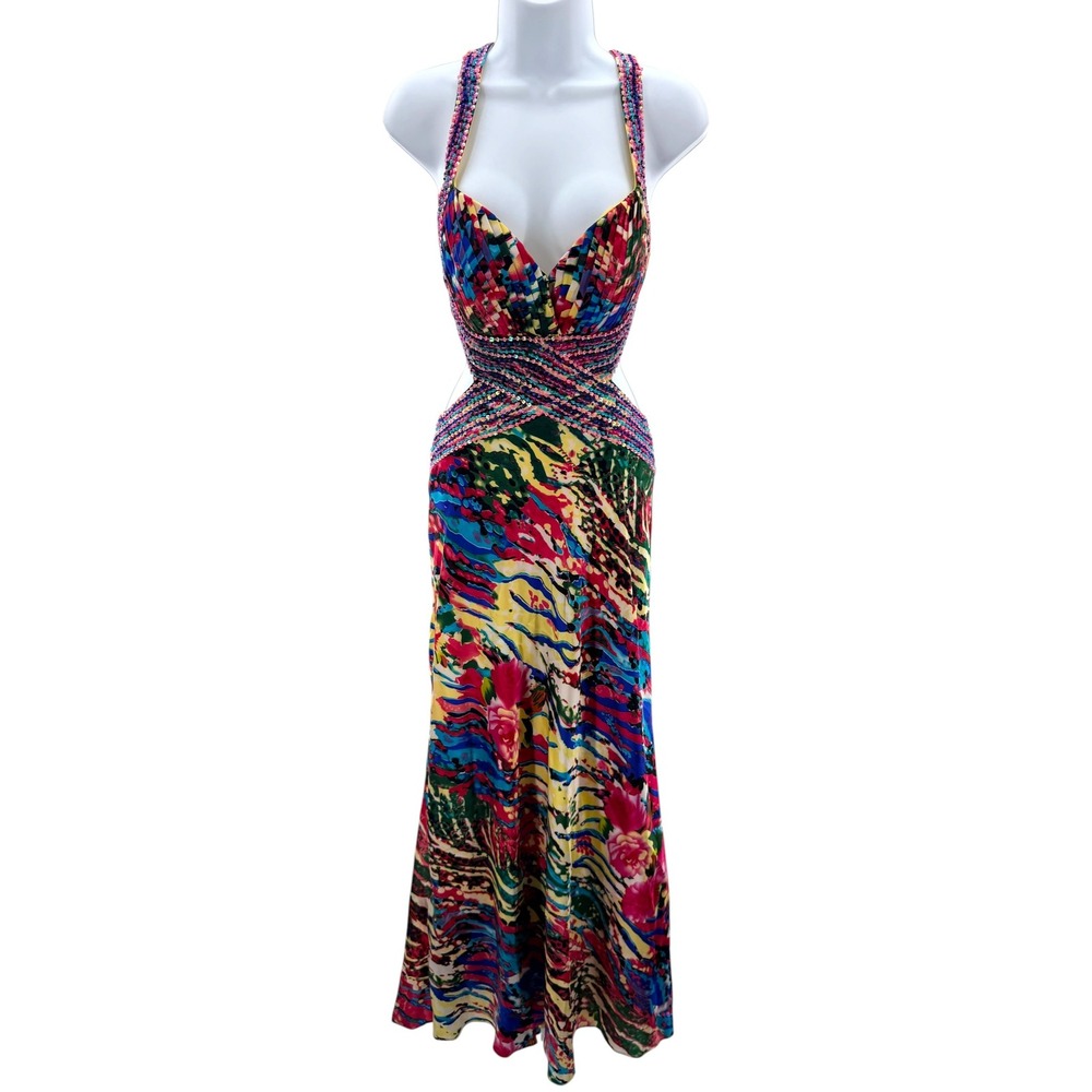 Cache Multicolor Beaded Halter Floral Wave Maxi Dress